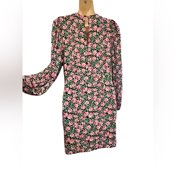 Zara Black Pink Floral Puff Long Sleeve Mini Bodycon High Waist Dress Medium - Picture 6 of 8